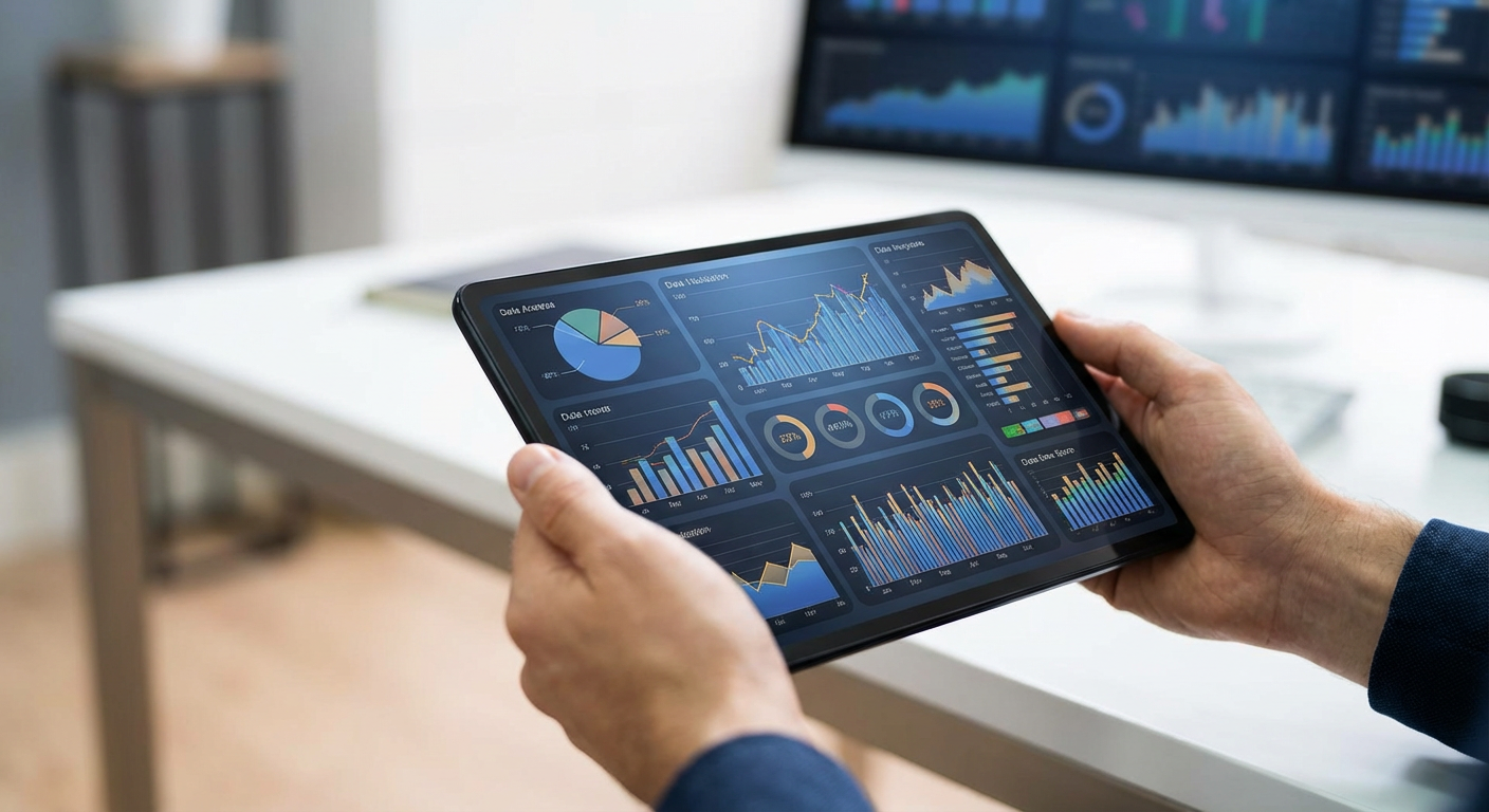 Custom application dashboard on a tablet showing real-time product data