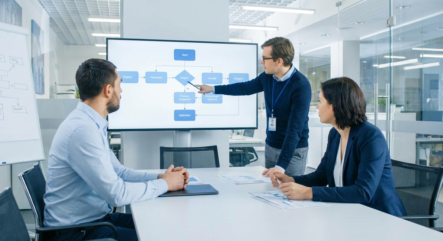 Team mapping out an application architecture and roadmap in a modern conference room