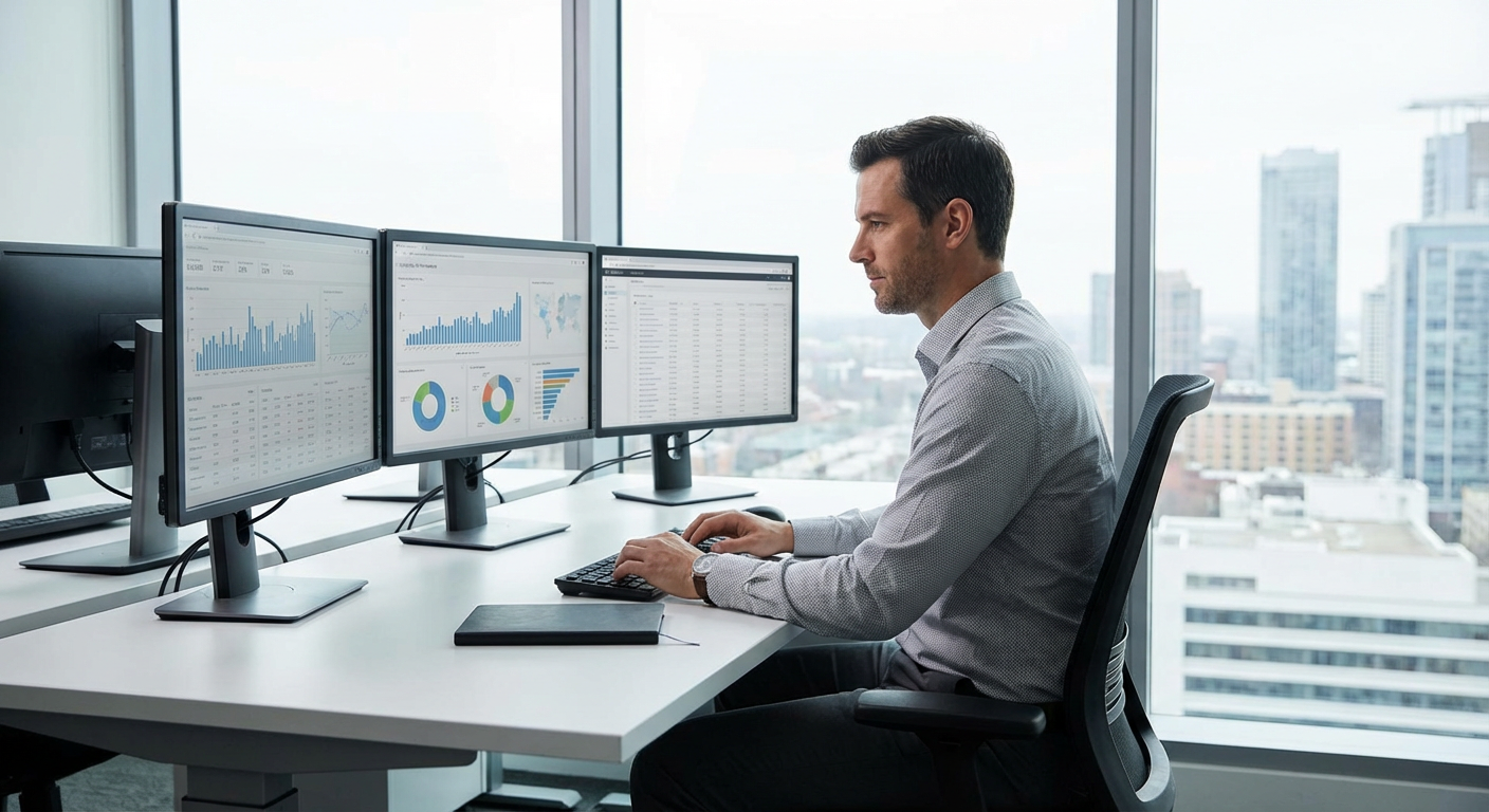 Developer working across multiple screens building a software application